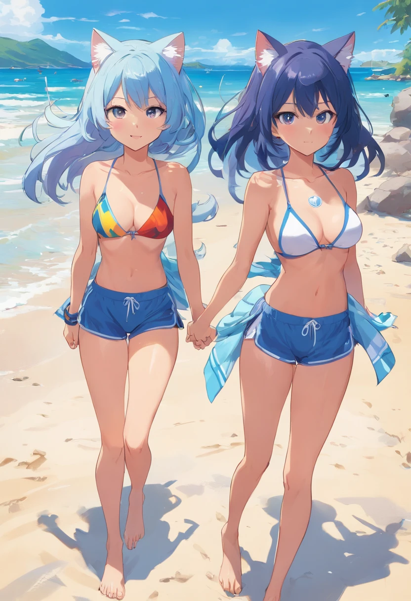 Beach. Two Cat womans Argentina soccer t-shirts, Argentina flags painted on their faces,Both number 10, String thong, on their back. Light blue hair, White hair. Medium tits and Very Big Tits. Long Hair. Very big round butts, One guy, Black hair, In middle of both girls