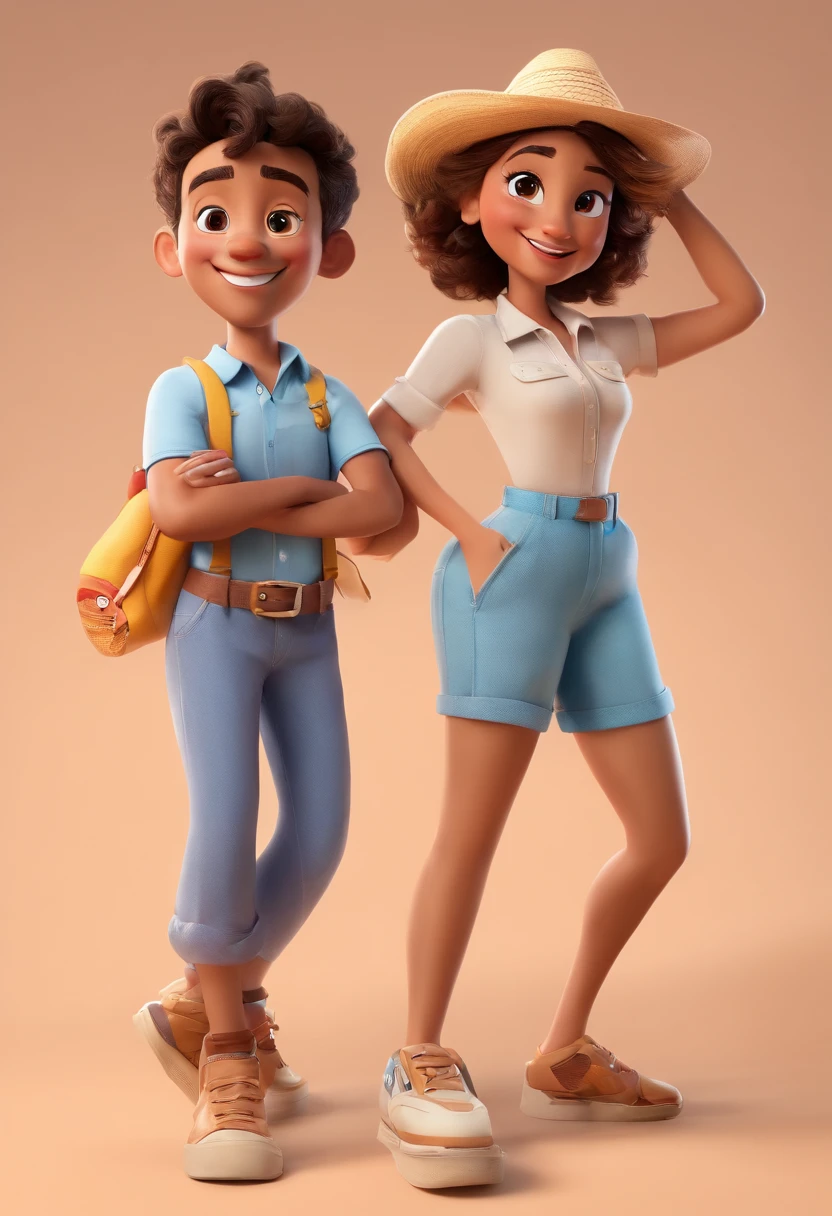 Cartoon of friends having fun on vacation together, 3D Animation Movie Poster, Poster de filme animado, pixar 3 d animation style, pixar renderman rendering, maia 8 mil, animated film, Disney Pixar Estilo 3D, amigos felizes saem juntos, all wearing light blue shirts and cream brown long pants, camisa azul clara, cream brown pants, ao ar livre, vacation, Disney Pixar Animation Poster
