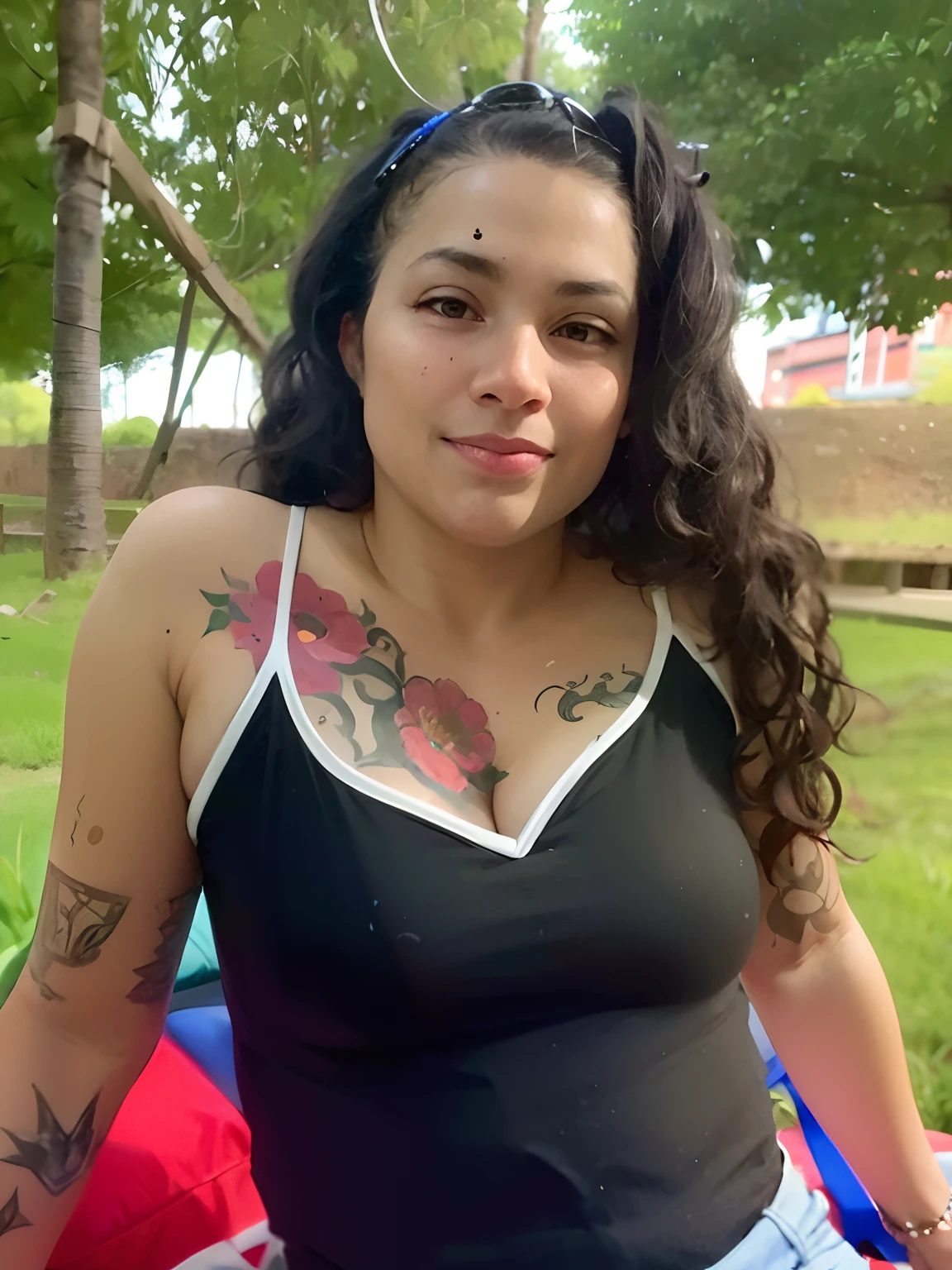 There's a woman with chest tattoos sitting on a blanket, she is wearing a black tank top, Mulher de 30 anos de Cuba, Mulher de 30 anos, 3 0 anos de idade mulher, Usando tatuagens foto da mulher jovem, Jovem mulher na casa dos 20 anos, prole clara, Long curled hair behind a landscape of a garden and cramado