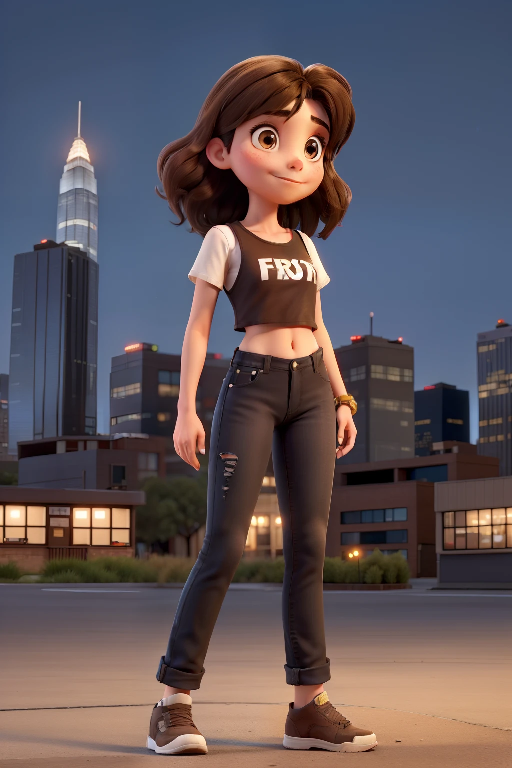 A brunette girl with brown, straight, medium-length hair. She uses a black crop top and jeans pants. She's at a big city with manu buildings with lights on.