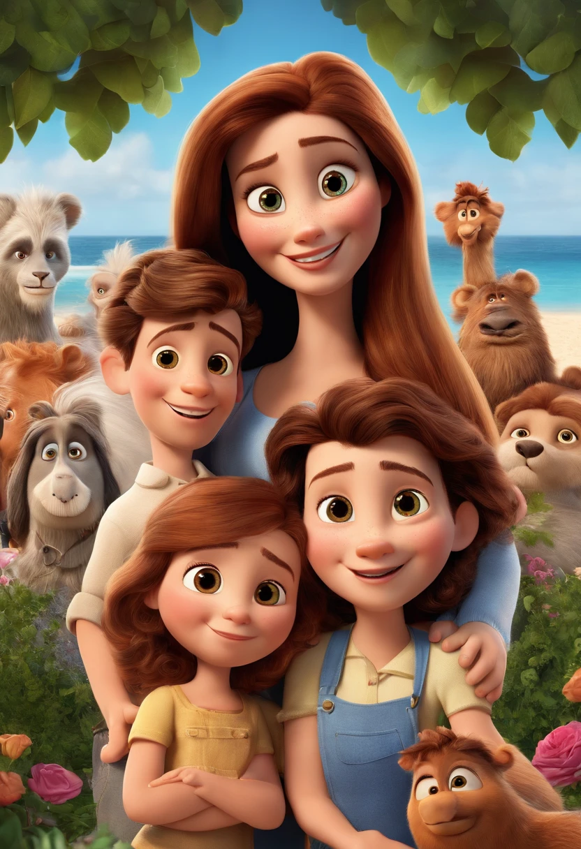 a Disney Pixar movie poster showing a white-skinned family. The father is the tallest, Tem barba curta, loiro, cabelos curtos e espinhosos. The mother has brown eyes and hair, shoulder-length and is slightly overweight. A menina tem 4 anos e cabelos castanhos, roupa rosa e rabos de cavalo. The background is a beach garden. 3D-rendering