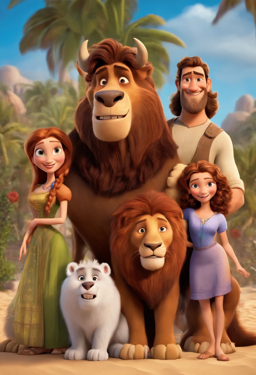 a Disney Pixar movie poster showing a white-skinned family. The father is the tallest, Tem barba curta, loiro, cabelos curtos e espinhosos. The mother has brown eyes and hair, shoulder-length and is slightly overweight. A tem 4 anos e cabelos castanhos, roupa rosa e rabos de cavalo. The background is a beach garden. 3D-rendering
