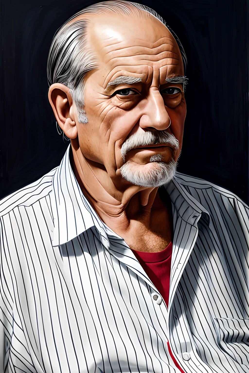 Portrait of an old man,Slim figure,Hunchbacked old man,Thinning hair,He wears a white shirt with red pinstripes,Black strappy high-waisted trousers,Model shooting style,Realistic Paintings art,