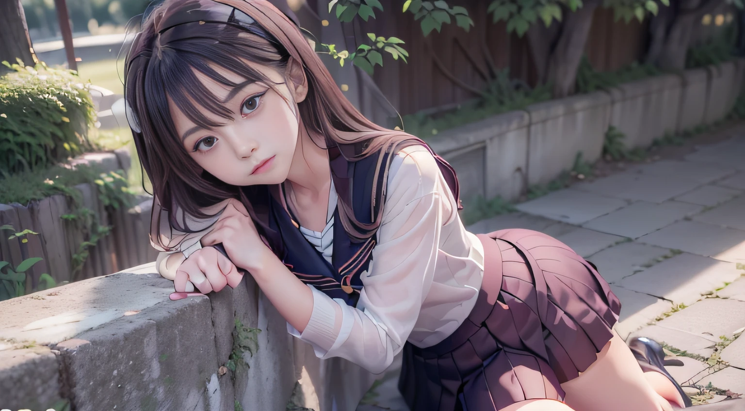 One Girl、blush、Embarrassed look、Perfect Anatomy、Short Bob、Small breasts、(((White student sailor uniform、Dark navy blue pleated student mini skirt、Black knee socks)))、((Hair tousled by the wind、Messy Hair、Broken hairstyle))、(((The wind blows up my skirt:1.3、White panties、Cute ass)))、Pay attention to the butt、Professional Lighting, Film Grain, chromatic aberration, (Eye and facial details:1.0), (Bokeh:1.1)、software:1.5)))、 Highest quality, 8K, 20talent, On the stairs of the station
