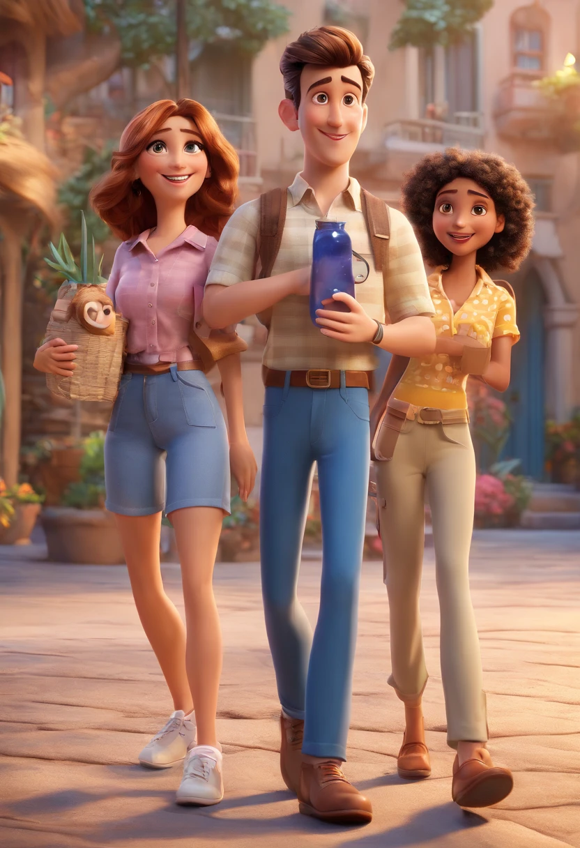 Cartoon of friends having fun on vacation together, 3D Animation Movie Poster, Poster de filme animado, pixar 3 d animation style, pixar renderman rendering, maia 8 mil, animated film, Disney Pixar Estilo 3D, amigos felizes saem juntos, all wearing light blue shirts and cream brown long pants, camisa azul clara, cream brown pants, ao ar livre, vacation, Disney Pixar Animation Poster