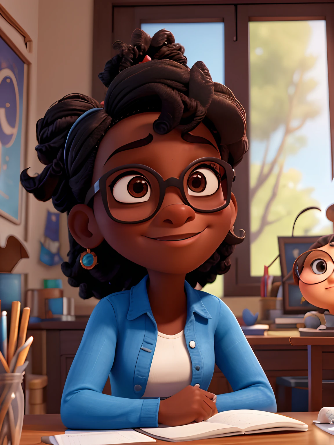 Mulher 38 anos, inspirado na Disney Pixar, Uma mulher negra clara usando oculos marrom,  cabelo castanho ondulado, pele clara, sentada em sala de estudos, sobre a mesa livro, serious look, cenario fundo quadro escrever