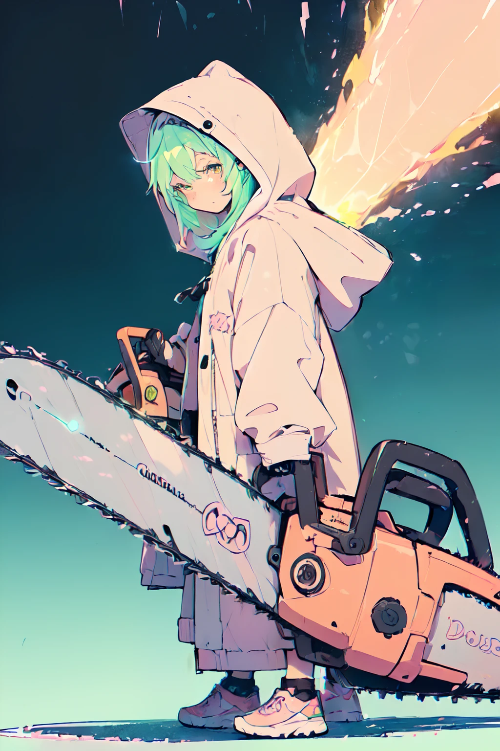 (Cute illustration:1.5),(pastel color:1.5),(Cute,kawaii,Dolce:1.2),(watercolor paiting:1.1),
1girl in,Solo,
oversized hooded jacket,
Full body,(open stance),
BREAK
(A chainsaw that glows furiously:1.5)
(In his hand he holds a huge chainsaw:1.2),
(Huge and cute weapons , Huge and cute weapons:1.3),(Low Angle Full Body Shot:1.2)

break
Simple background,
bold outline,Flat color,fine outline,Pink outline,
nice hand, Perfect hands,Hold the chain perfectly、A chainsaw that glows furiously