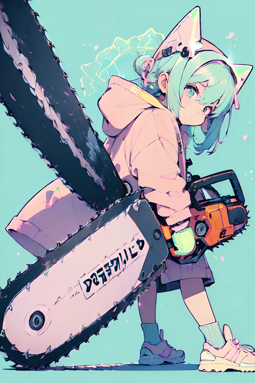 (Cute illustration:1.5),(pastel color:1.5),(Cute,kawaii,Dolce:1.2),(watercolor paiting:1.1),
1girl in,Solo,
oversized hooded jacket,
Full body,(open stance),
BREAK
(A chainsaw that glows furiously:1.5)
(In his hand he holds a huge chainsaw:1.2),
(Huge and cute weapons , Huge and cute weapons:1.3),(Low Angle Full Body Shot:1.2)

break
Simple background,
bold outline,Flat color,fine outline,Pink outline,
nice hand, Perfect hands,Hold the chain perfectly、A chainsaw that glows furiously