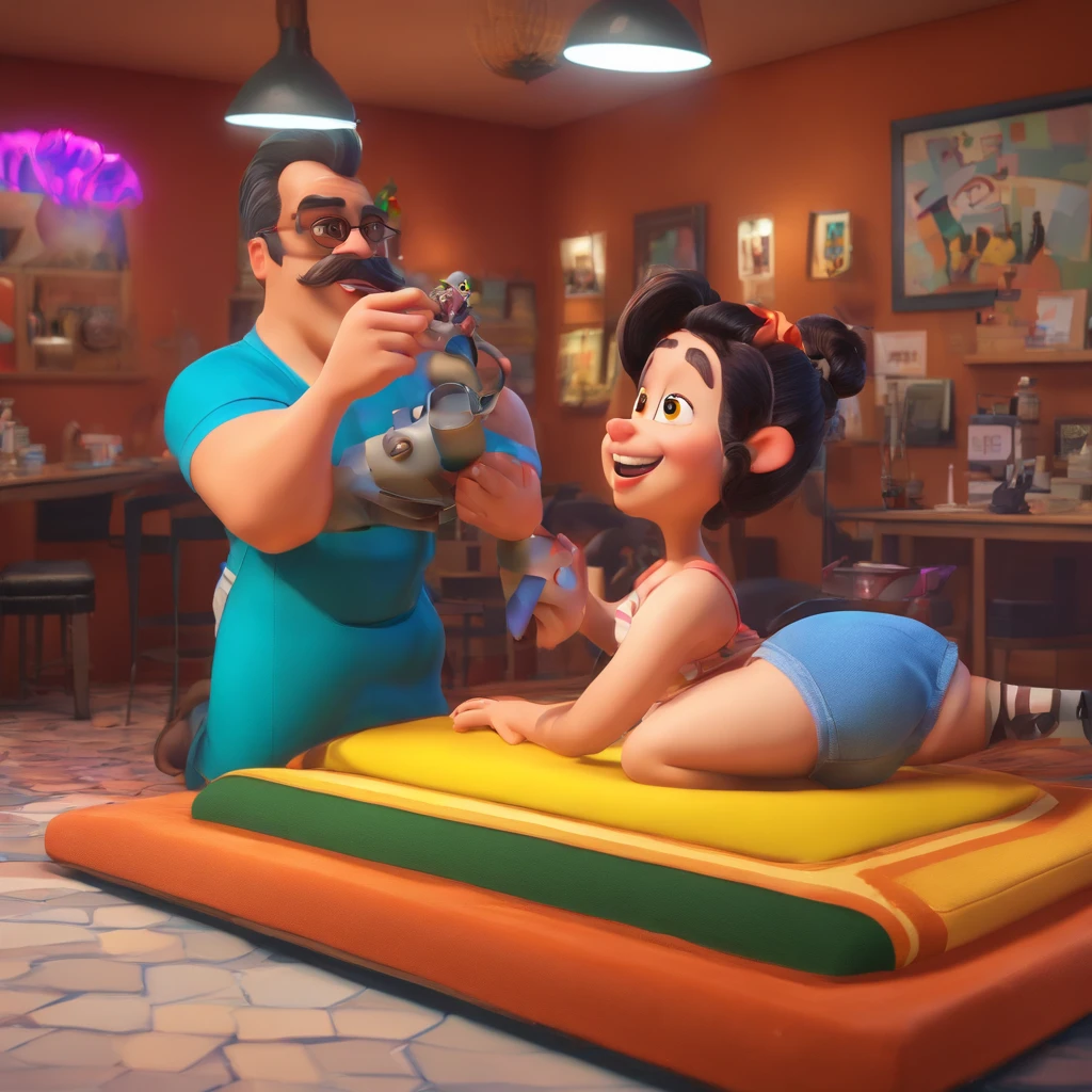 create a 3D movie poster inspired by Disney Pixar, The scene should be in Pixar's signature digital art style, com uma imagem caricatural que lembra a cantora brasileira "Anita" in the prone position, Wearing a bikini while a tattoo artist is sitting tattooing with a giant ring on one hand, inside a tattoo parlor.