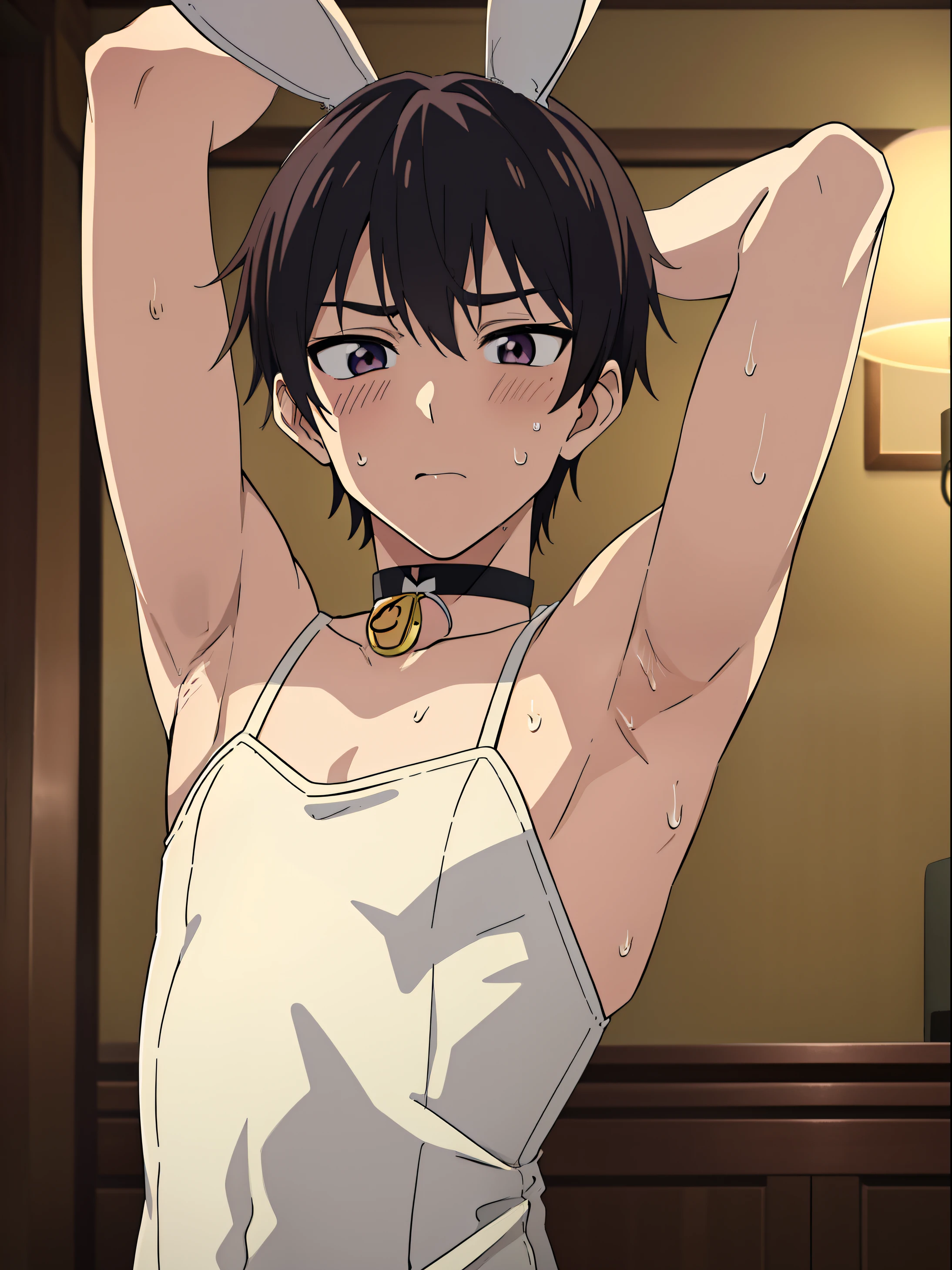 Highres, Masterpiece, Best quality at best,Best Quality,hight quality, hight detailed, anime style, 1boy, Boy, Shota, Solo person, Shirtless, Without cloths, Seen from the front, look at viewer, Look like  brother, Body, (very young boy), (very small and short body), 12-yeaolds, Boutely shows his armpit, Spread armpit, seductive armpits, Cute face, hansome boy, seductive pose, uhd,