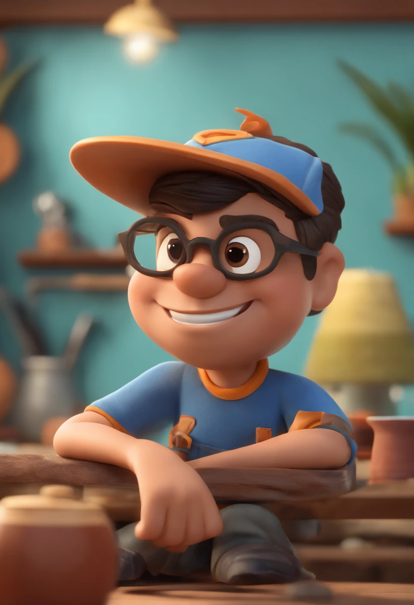 Cartoon character of a man wearing black glasses and a blue shirt, com a logomarca Oliveira Pinturas, With a brush in hand, um personagem animado, Caractere estilizado, animation style rendering, 3D estilizado, Arnold Maya render, 3 d render stylized, toon render keyshot, Personagem 3D, Personagem 3D, 3d rendering stylized, 3 d character render, personagem de desenho animado, Personagem de close up, Pose de personagem, (Estilo Pixar) (Brake master piece:1.2) (Bokeh) (best quality) (pele morena parda) cavanhaque, cabelo crespo grisalhos(textura detalhada) (8k) (argila) (Cinematic lighting) (foco nítido,Senta e vaza a parte superior do corpo