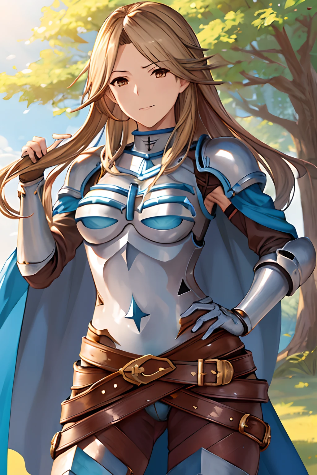 masterpiece, best quality, highres, katalina (granblue fantasy), armor, gauntlets, belt, breastplate, shoulder armor, cape, pauldrons, pants, cowboy shot, outdoors, rapier