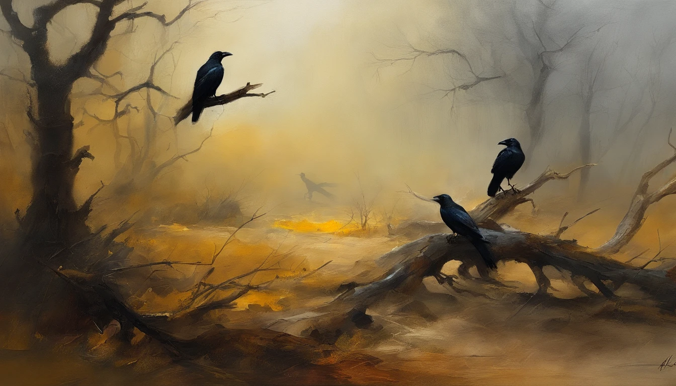 Two crows in a dead tree, Uma sombra em Forma de andador, Noite estrelada, Thick fog on the ground, Luz azul no horizonte, Motor Unreal 5, cinemactic, Low-angle photography, motion blur, proFundidade de campo, dust, Cobblestones and dirt. arte splash, pingando tinta. Perfect color classification. inFluenciado por karel Appel e jeremy mann, Full of dramatic and threatening scenes, hiper-detalhado, Beautiful, detalhes insanos, detalhes intrincados, FotograFia Editorial, FotograFado com uma lente de 50mm, proFundidade de campo, Tilt Blur, Velocidade do obturador 1/1000, F/22. Mapas de luz, super brilhante