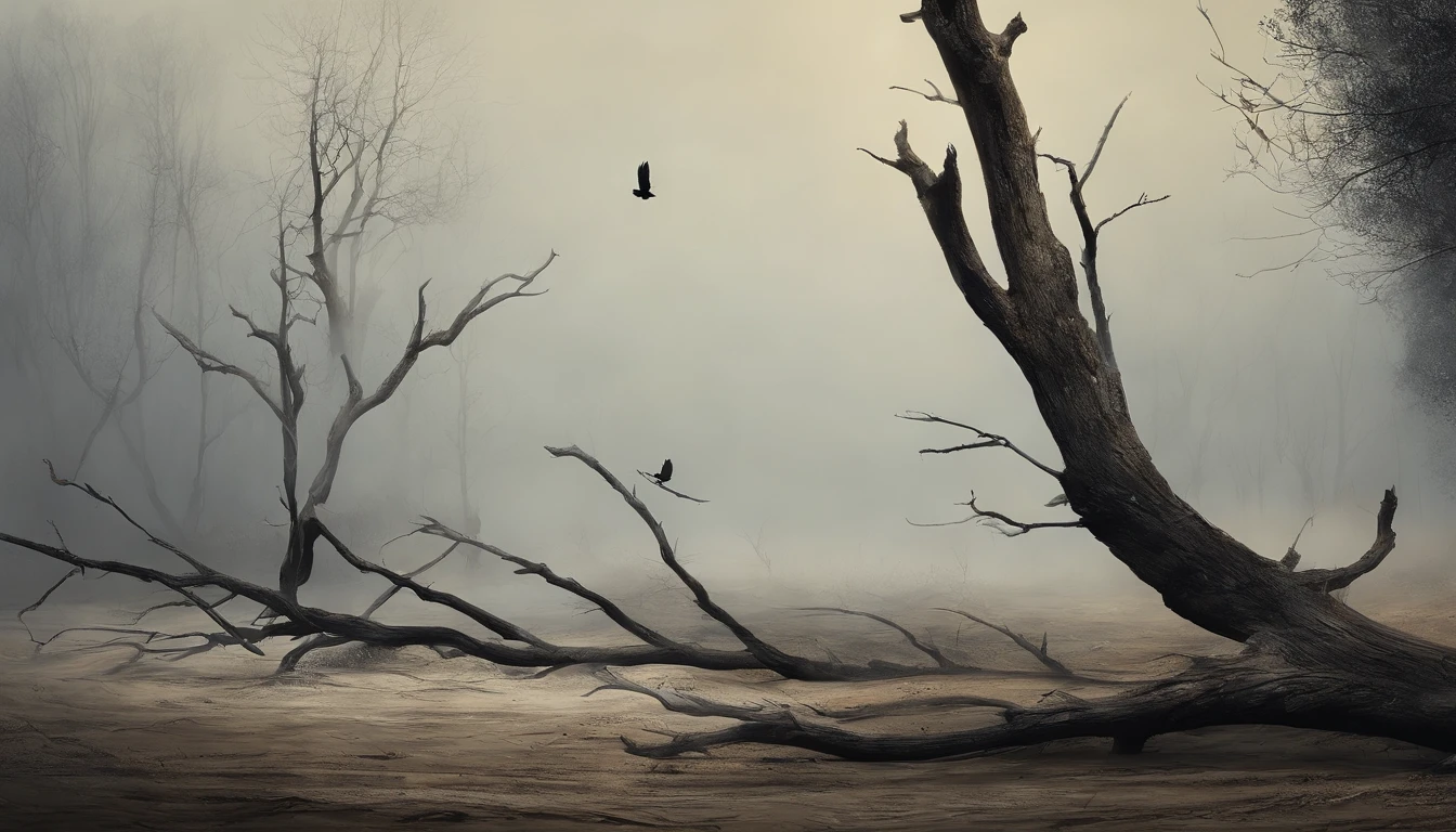 Two crows in a dead tree, Uma sombra em Forma de andador, Noite estrelada, Thick fog on the ground, Luz azul no horizonte, Motor Unreal 5, cinemactic, Low-angle photography, motion blur, proFundidade de campo, dust, Cobblestones and dirt. arte splash, pingando tinta. Perfect color classification. inFluenciado por karel Appel e jeremy mann, Full of dramatic and threatening scenes, hiper-detalhado, Beautiful, detalhes insanos, detalhes intrincados, FotograFia Editorial, FotograFado com uma lente de 50mm, proFundidade de campo, Tilt Blur, Velocidade do obturador 1/1000, F/22. Mapas de luz, super brilhante