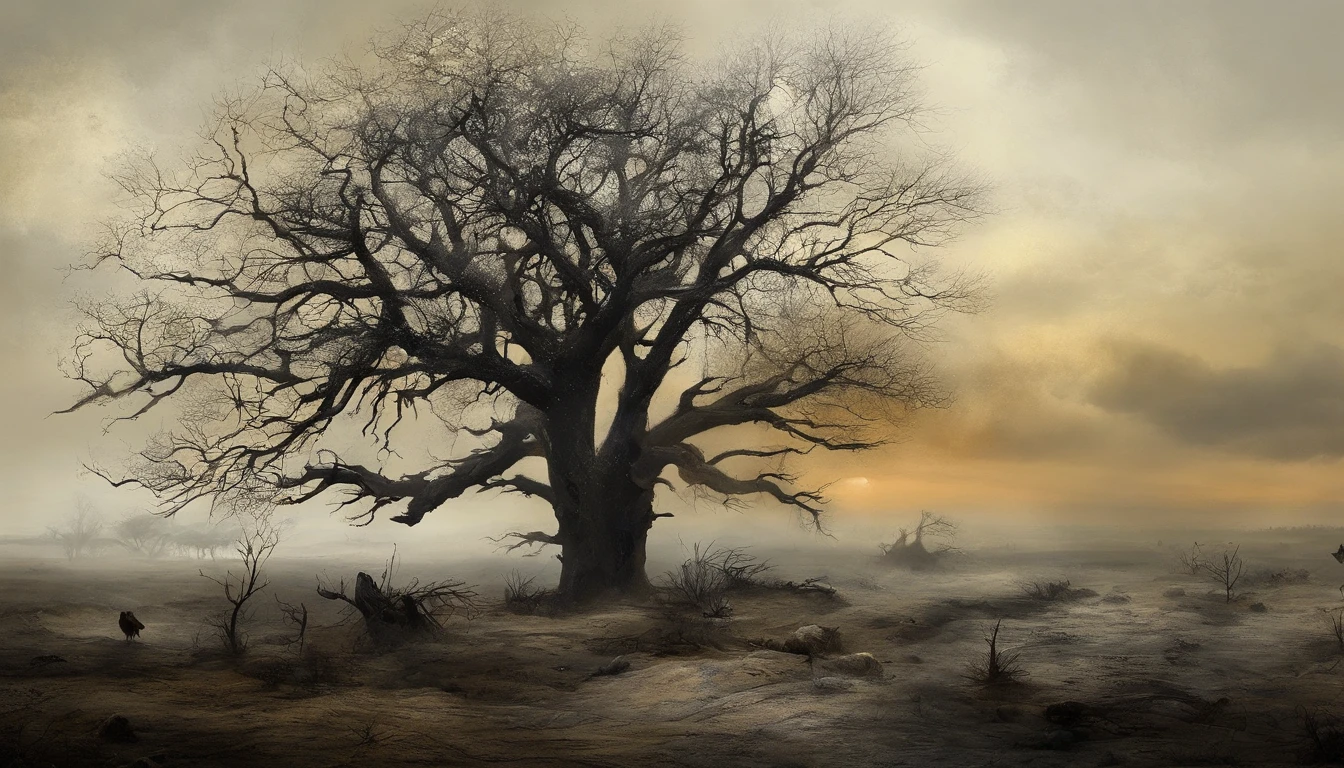 Two crows in a dead tree, Uma sombra em Forma de andador, Noite estrelada, Thick fog on the ground, Luz azul no horizonte, Motor Unreal 5, cinemactic, Low-angle photography, motion blur, proFundidade de campo, dust, Cobblestones and dirt. arte splash, pingando tinta. Perfect color classification. inFluenciado por karel Appel e jeremy mann, Full of dramatic and threatening scenes, hiper-detalhado, Beautiful, detalhes insanos, detalhes intrincados, FotograFia Editorial, FotograFado com uma lente de 50mm, proFundidade de campo, Tilt Blur, Velocidade do obturador 1/1000, F/22. Mapas de luz, super brilhante