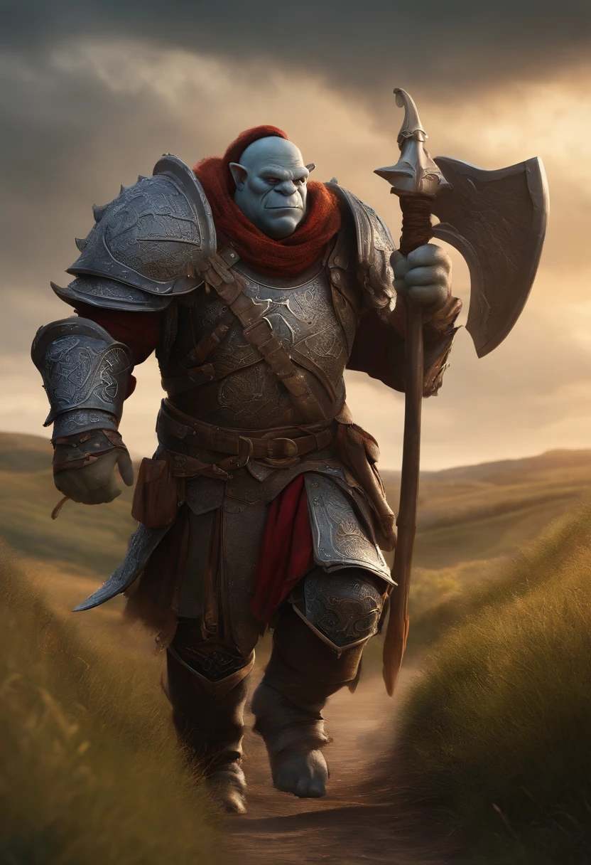 Draw a grey ogre wearing leather armor, carrying a warhammer while walking along a dirt path in a grassy field with rolling hills