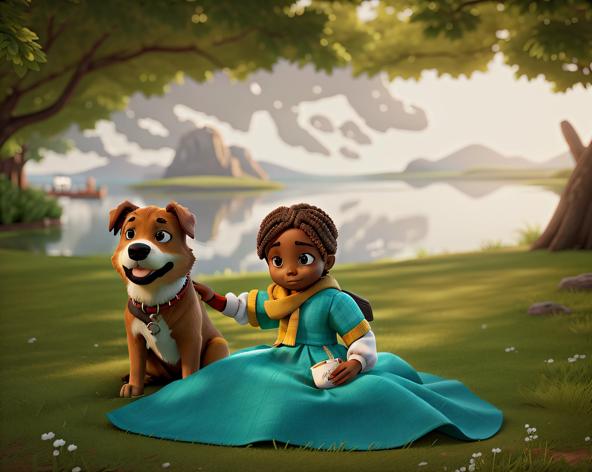 a girl with brown skin, with a dog, sitting on the grass, with a lake background