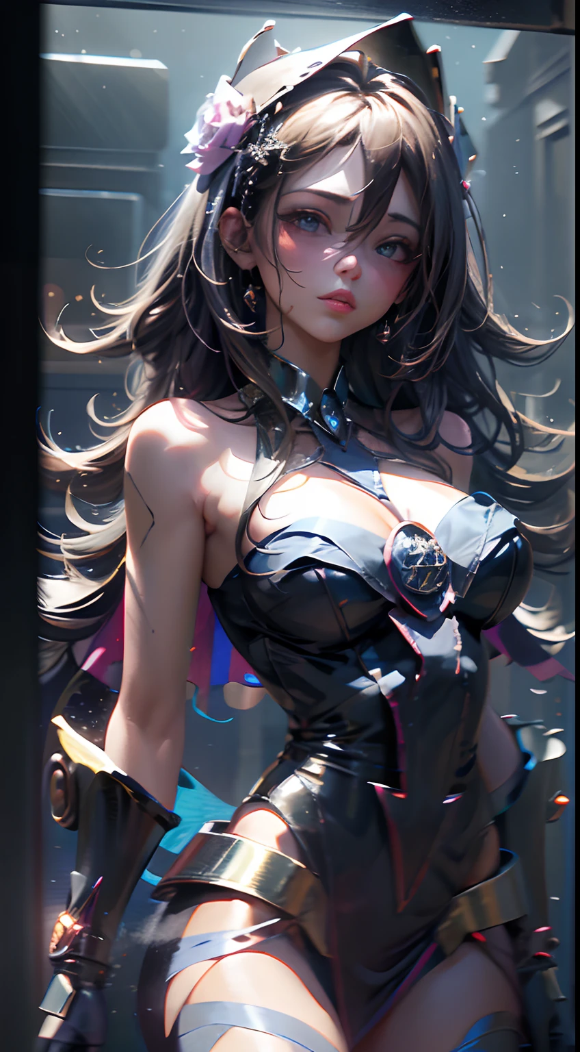 NSFW chica maga oscura, Cubierta de cristal, parte superior del cuerpo, Disparo lateral, Color alternativo, obra maestra, detailed illustration, realista, Pixiv Calidad superior, exquisito, {{{Linda 1chica Maga Oscura}}}, Super beauty merging with the machine, Elaborate shabby chic pattern, Mujer hermosa y brillante, Half of my body is made of machine, Cuerpo de vidrio transparente, The machine inside is transparent, cinematic lighting, Dynamic Angle, dynamic pose, Mundo de Cristal, profundidad de campo. Ara de magia al Fondo. Magical hearts