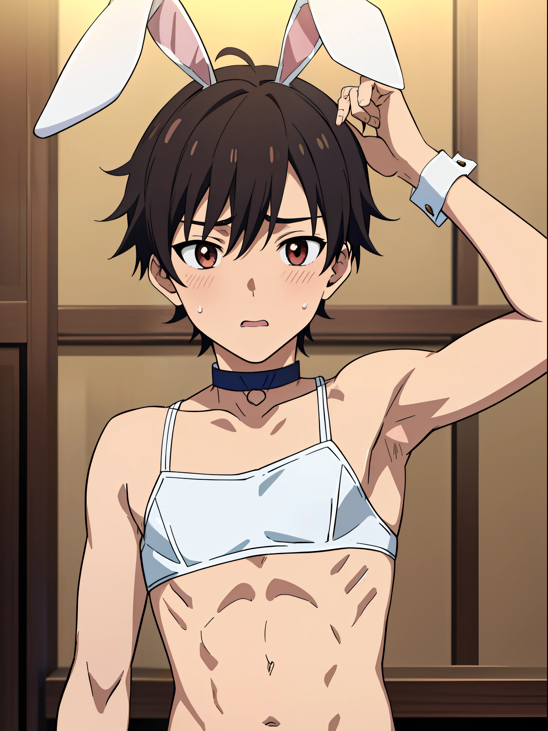 Anime style, Highres, Masterpiece, Best quality at best,Best Quality,hight quality, hight detailed, 1boy, (little boys), (armpit), sweating, shota, bunny costume, (bunny boy), seductive face, bunny, choker, bra, cute boy, upper body, slim body, brothel, prostitution, in the room,