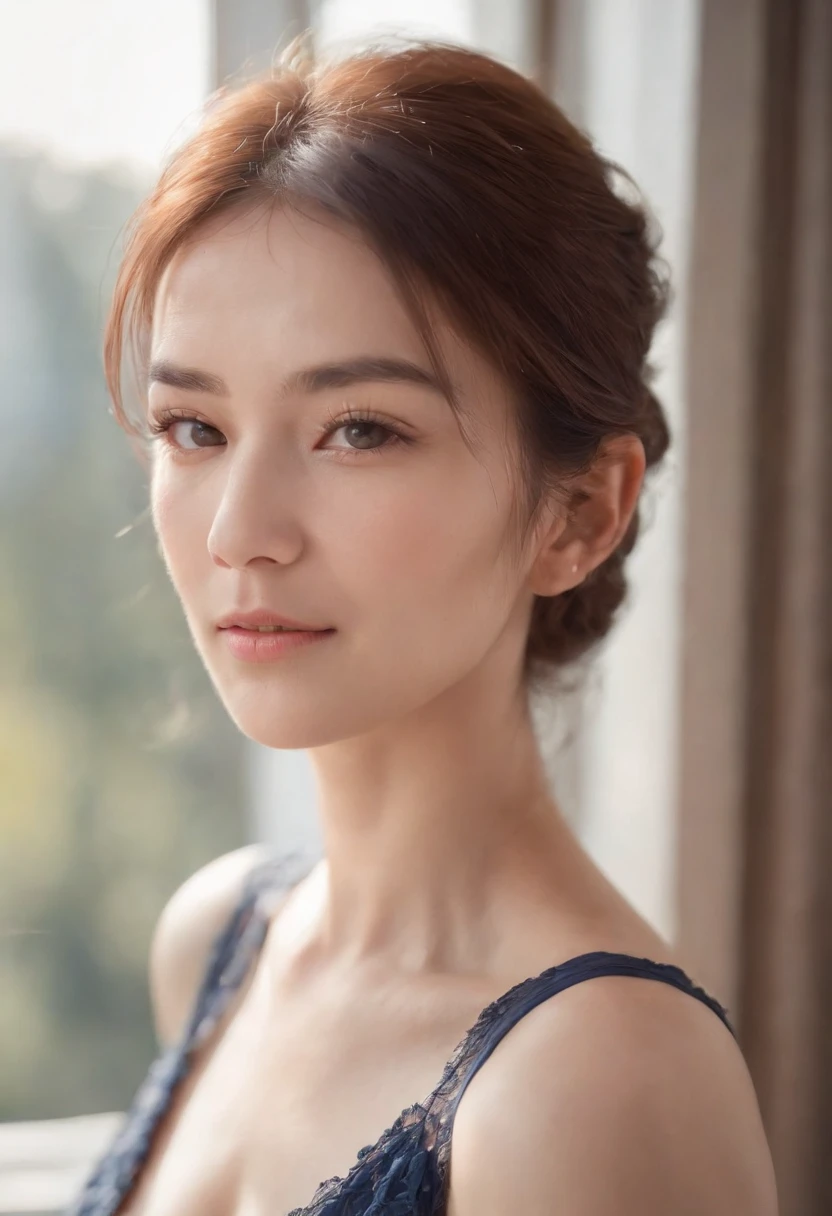 {best quality}, {{masterpiece}}, {an extremely delicate and beautiful},Outstanding light and shadow, extremely detailed wallpaper,Clear and bright sunlight,head portrait,1girl,big breast,Blush,short wave hair,Strong sunlight,,blue shirt,suit,Delicate hair,Real skin texture, sagging chest,clear pores and skin wrinkles,Wide shoulders,window,((strong light shines on the face)), upper body,