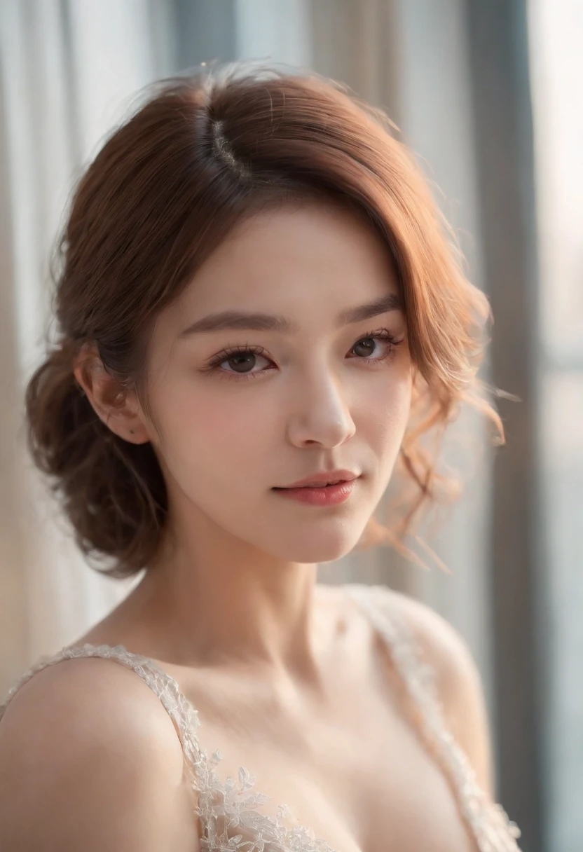 {best quality}, {{masterpiece}}, {an extremely delicate and beautiful},Outstanding light and shadow, extremely detailed wallpaper,Clear and bright sunlight,head portrait,1girl,big breast,Blush,short wave hair,Strong sunlight,,blue shirt,suit,Delicate hair,Real skin texture, sagging chest,clear pores and skin wrinkles,Wide shoulders,window,((strong light shines on the face)), upper body,