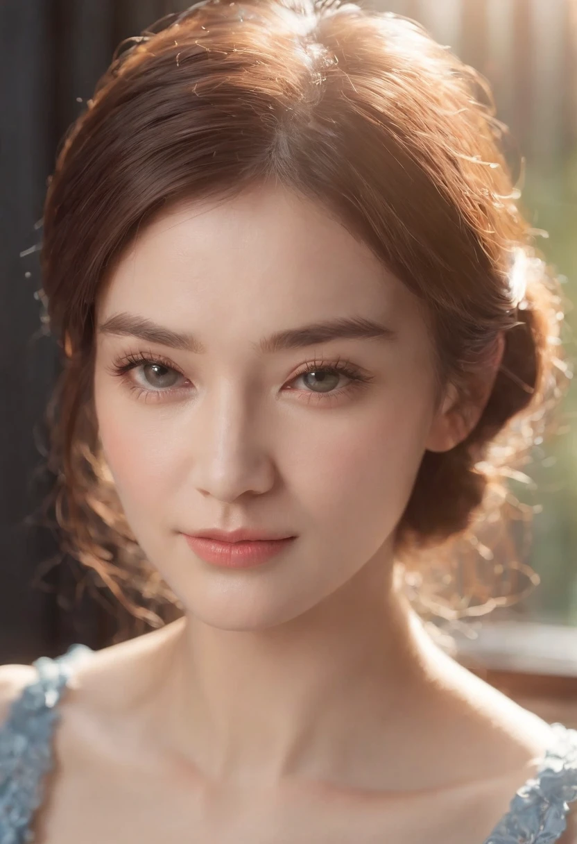 {best quality}, {{masterpiece}}, {an extremely delicate and beautiful},Outstanding light and shadow, extremely detailed wallpaper,Clear and bright sunlight,head portrait,1girl,big breast,Blush,short wave hair,Strong sunlight,,blue shirt,suit,Delicate hair,Real skin texture, sagging chest,clear pores and skin wrinkles,Wide shoulders,window,((strong light shines on the face)), upper body,