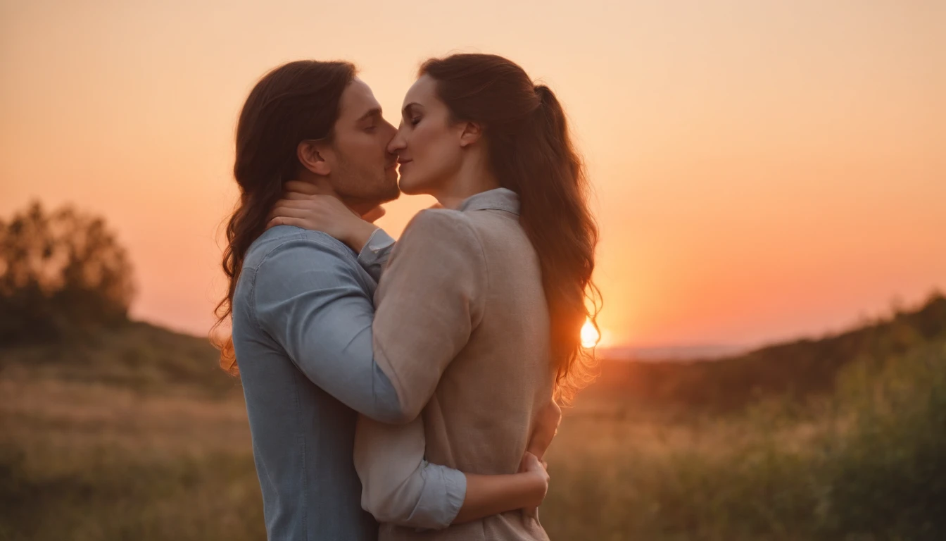 Couple, a woman and a man hugging a beautiful woman, the couple is looking at the sunset