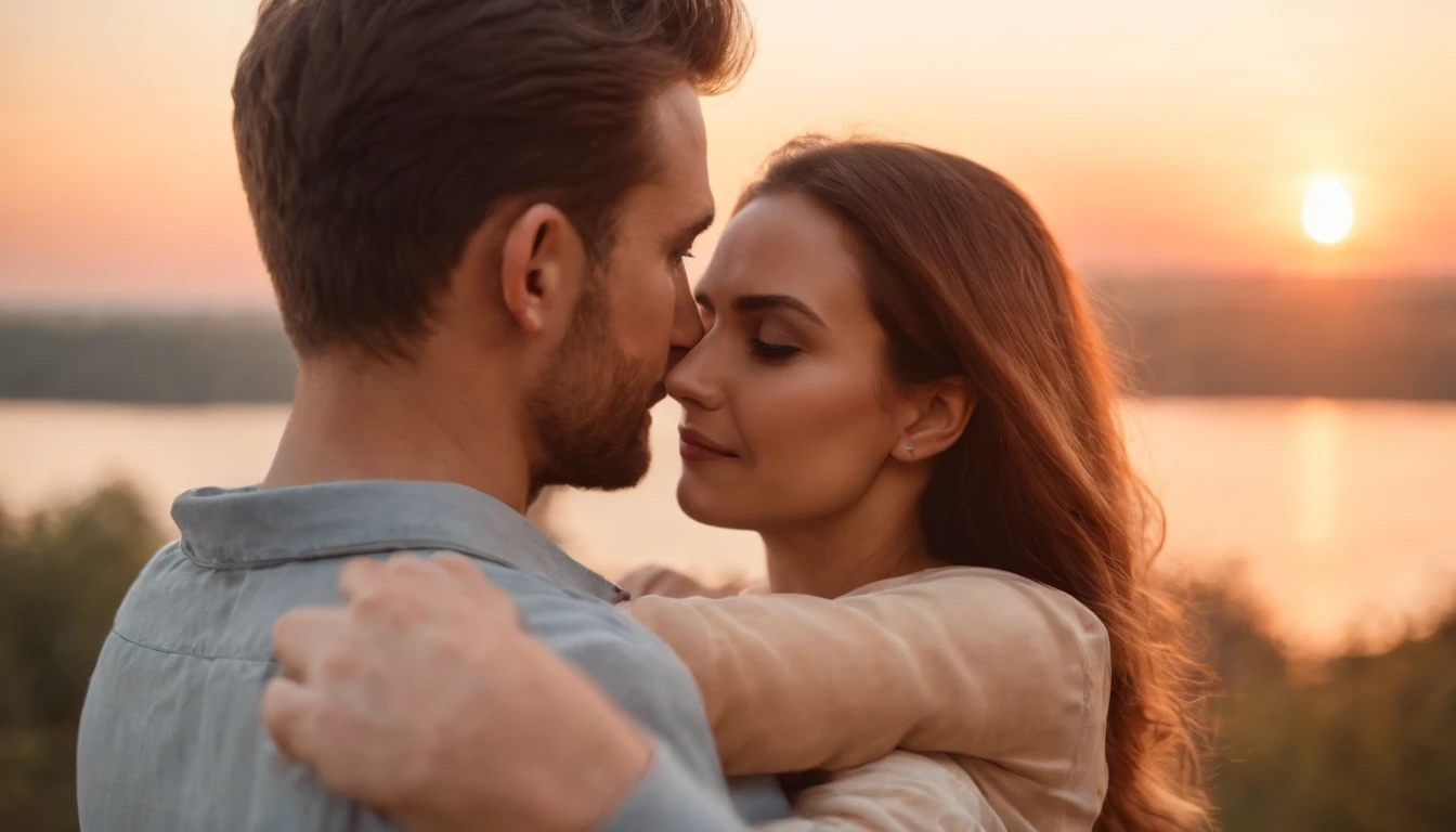 Man and woman passionately hugging on the beach, Clear traced faces, Beautiful faces, Sundown, romance