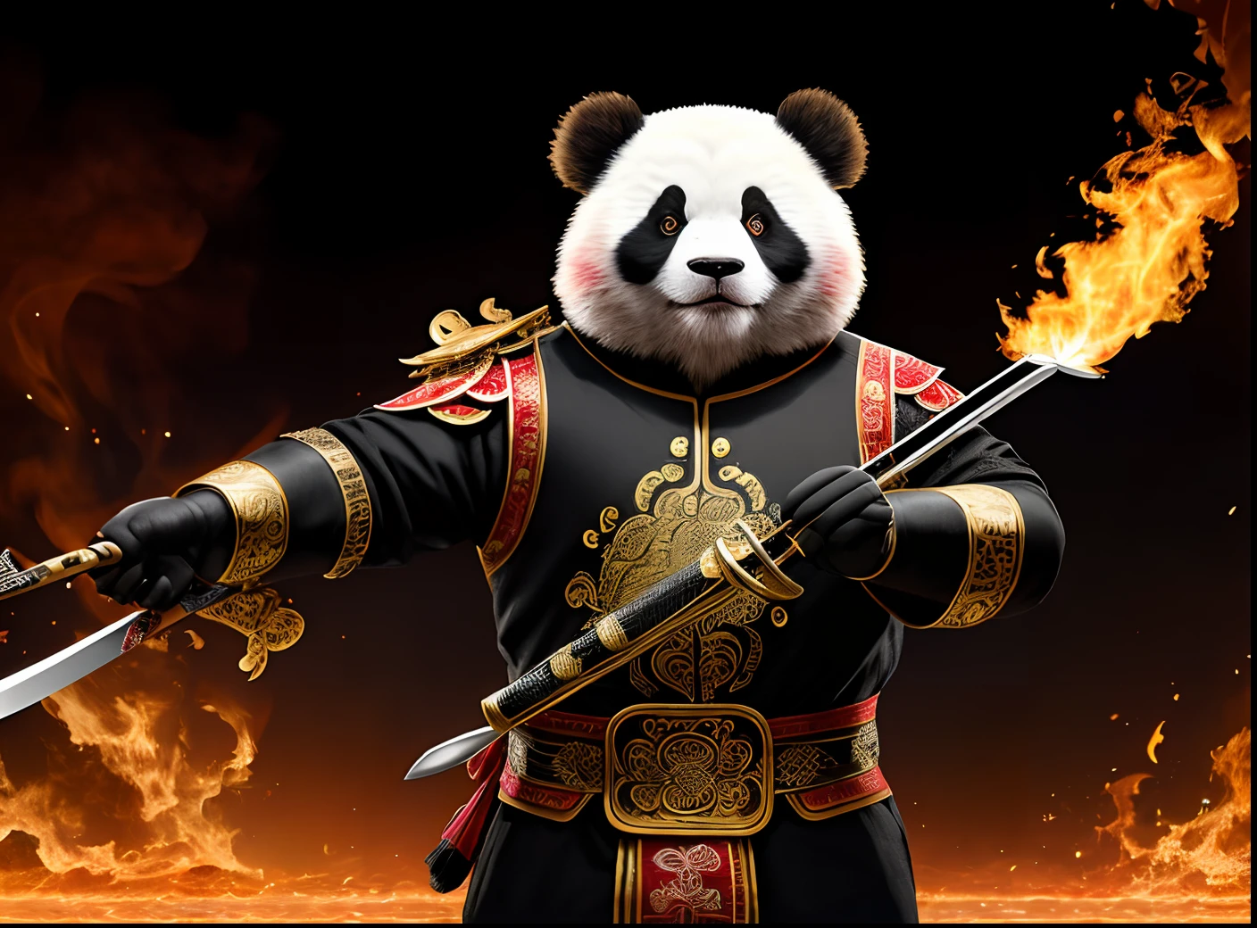 Extremely detailed 8k wallpaper),iintricate,detail-rich,dramatics,Panda bear with black and white Tang costume,preparing to fight,He holds a meat skewer in his right hand,Holding a long sword in his left hand, only a pair of red eyes peek,Graphic madness,Light is reflected on the ornaments,Stand at the foot of Mt,The fire is blazing in the back,Show the whole person that there is a certain distance from the surroundings to get their own permit。