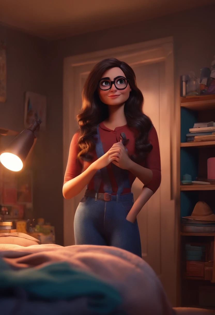 Pixar style image with 3D character black glasses brunette woman straight hair, tidying up her room Disney makeup,Close-up, Pixar, Disney, Cinema lighting