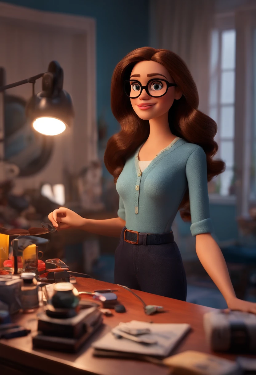 Pixar style image with 3D character black glasses brunette woman straight hair, tidying up her room Disney makeup,Close-up, Pixar, Disney, Cinema lighting