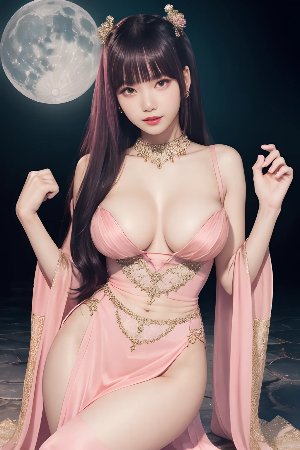 The art depicts a charming woman dressed in a flowing, silky traditional oriental dress, pink, decorated with intricate patterns and bright colors. Her dress drapes elegantly over her curvy figure, accentuating her seductive silhouette. She stood gracefully in the quiet moonlit night, bathed in the soft glow of the moonlight. The scene exudes an ethereal and dreamy atmosphere, with a touch of mystery and sexiness. The graphic style blends watercolor and digital illustration techniques to evoke a refined beauty and charm. The lights are filled with soft moonlight, casting soft highlights and shadows on her charming features. Bare thighs, big breasts, three-dimensional facial features, sitting, upturned legs