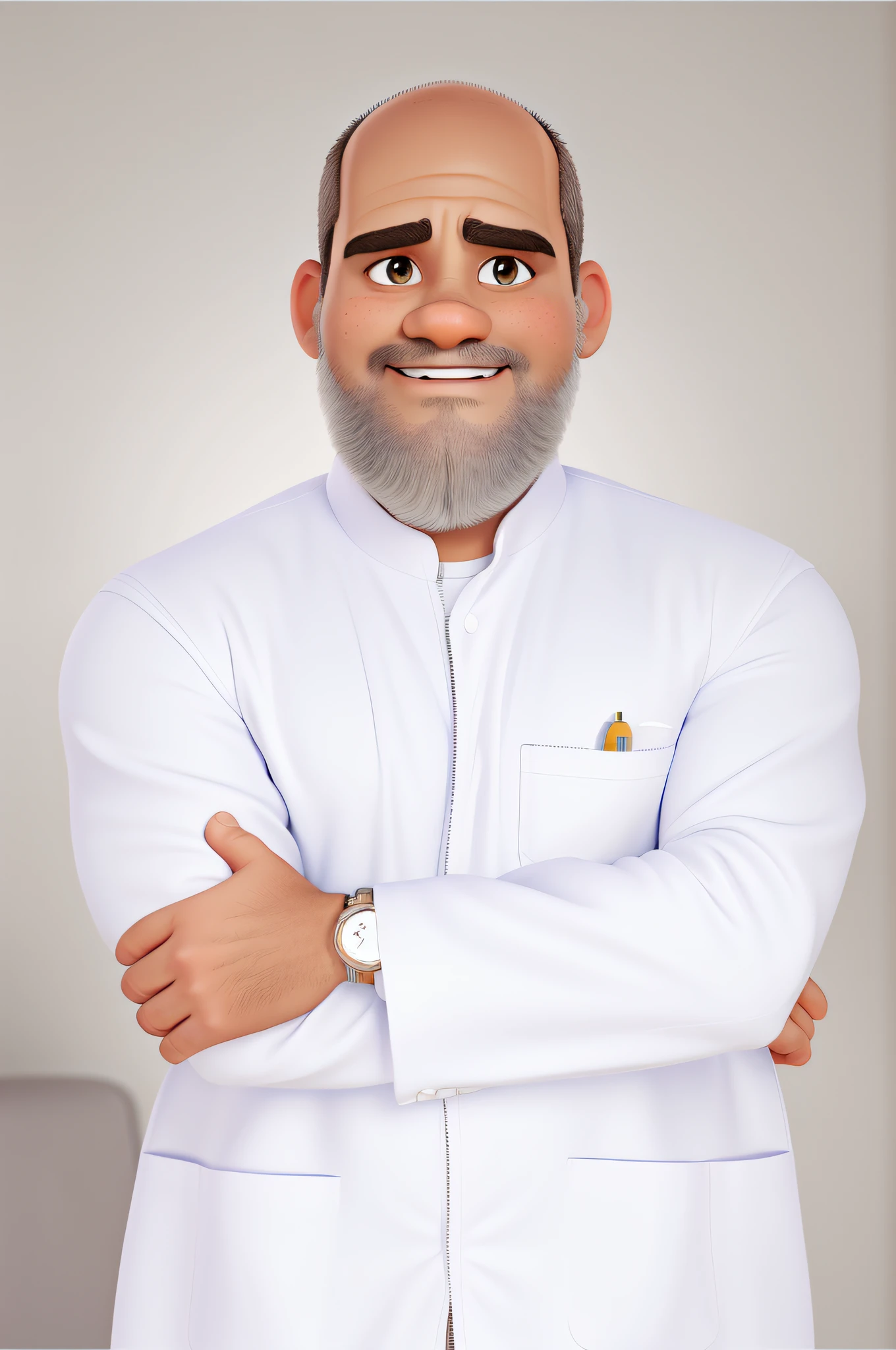 Estilo Disney Pixar, melhor qualidade, homem careca, no hair, sobrancelha preta destacada, barba grisalha, cinza. He wears the typical doctor's white coat and possesses a confident and determined look. The image is of excellent quality, with vivid colors and minute details that enhance the character's expression and personality