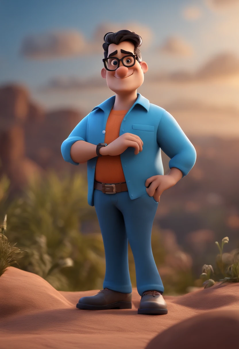 Cartoon character of a man with black glasses and a blue shirt, animation character, Caractere estilizado, animation style rendering, 3D estilizado, Arnold Maya render, 3 d render stylized, toon render keyshot, Personagem 3D, Personagem 3D, 3d rendering stylized, 3 d character render, personagem de desenho animado, Personagem de close up, Pose de personagem, (Estilo Pixar) (master part:1.2) (Bokeh) (best quality) (pele detalhada) (textura detalhada) (8k) (argila) (Cinematic lighting) (foco nítido