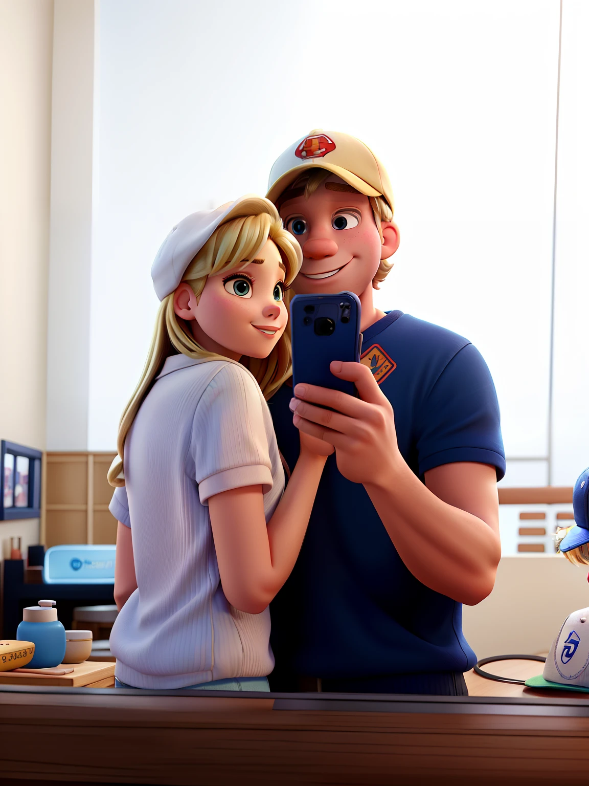 Disney Pixar High Quality Couple: A Blonde Woman Next To A Man In A Cap Taking A Photo In Front Of The Mirror With A Cell Phone In Hand
