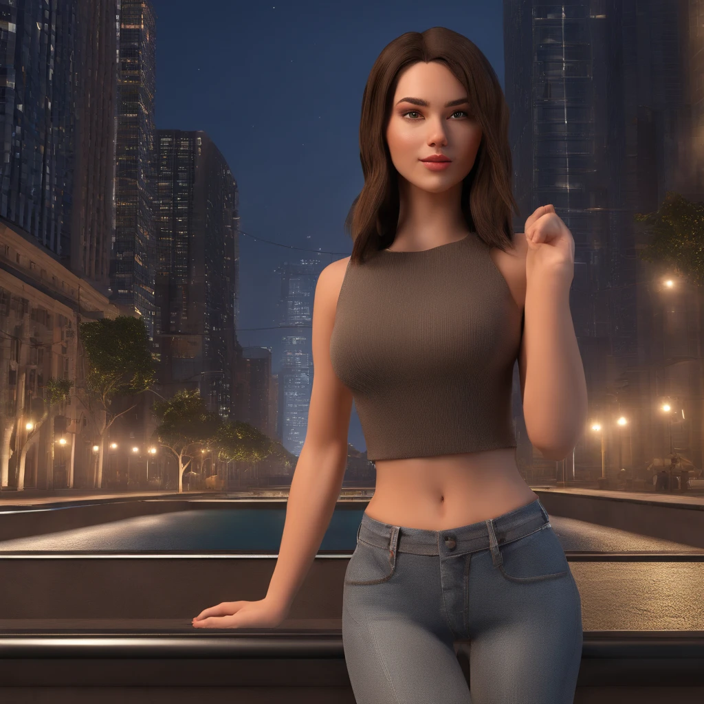 A brunette girl with brown, straight, medium-length hair. She has big lips, brown eyes and an eyeliner. She uses a black crop top and jeans pants. She's at a big city with manu buildings with lights on.