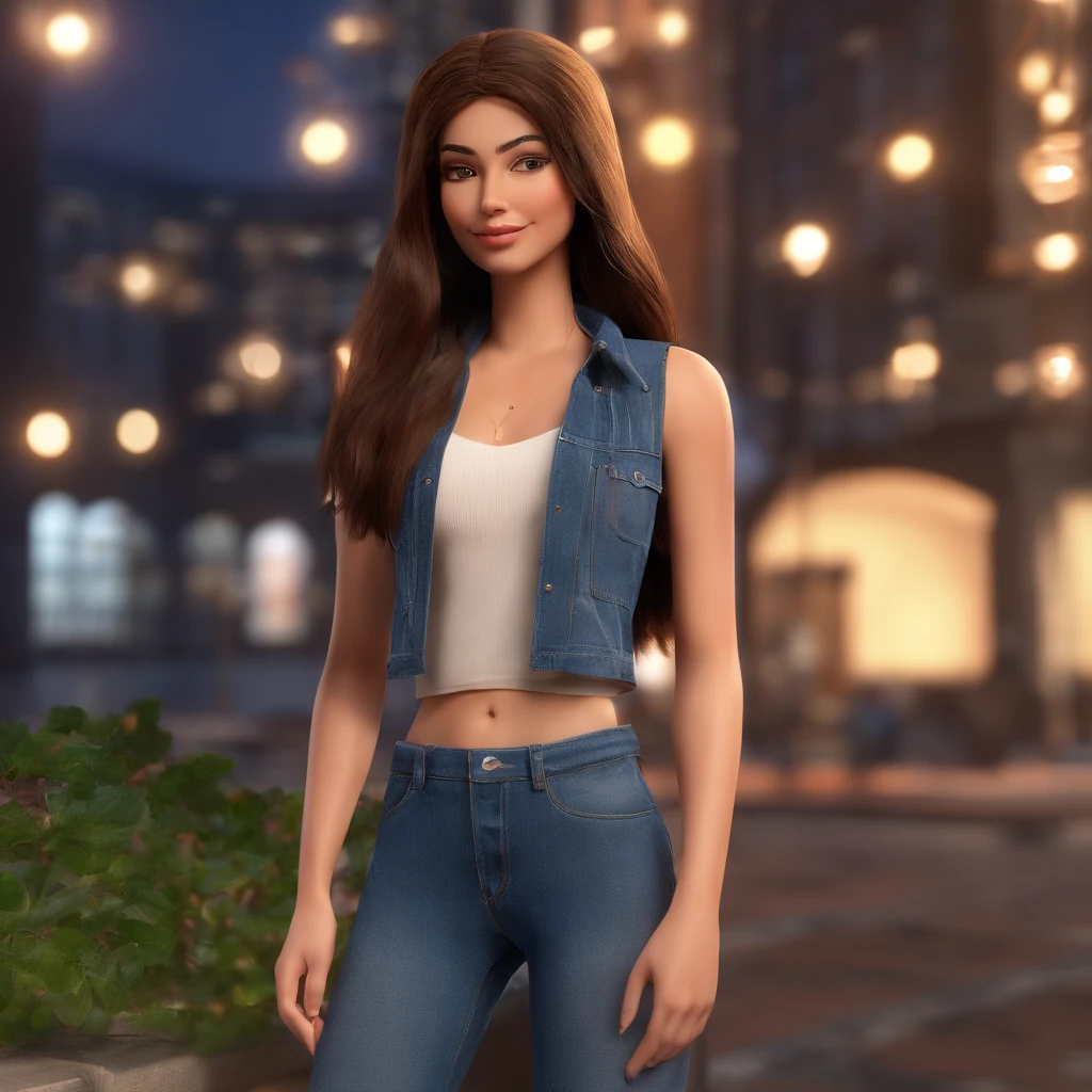 A brunette girl with brown, straight, medium-length hair. She has big lips, brown eyes and an eyeliner. She uses a black crop top and jeans pants. She's at a big city with manu buildings with lights on.