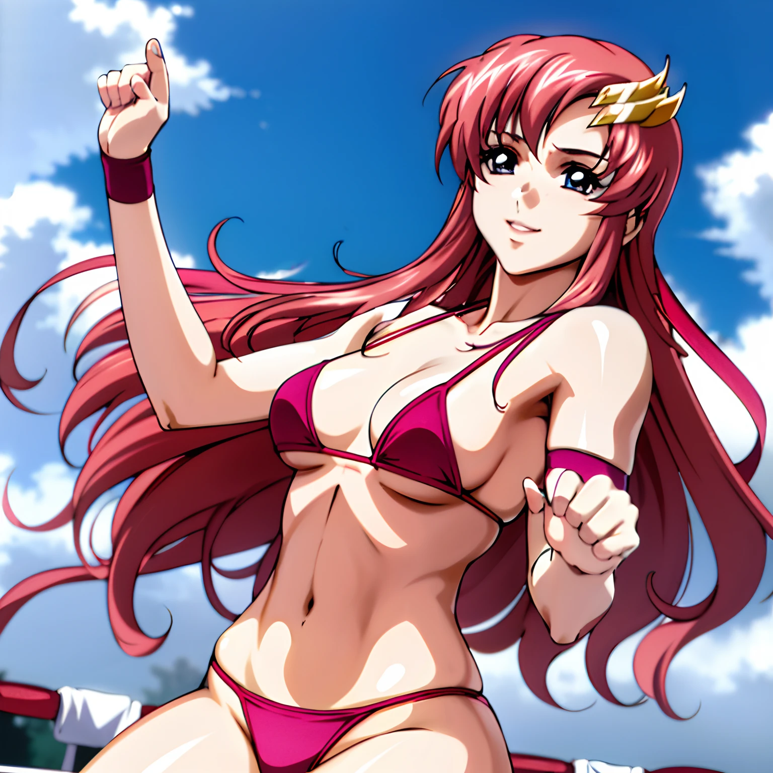 (masterpiece, far view, 4K, Best Quality, Anime style: 1.9,, Adult Woman, ultra detailed face, (cloud background, wrestling), Drawing lines, high resolution, Anime, lacus4), 1girl, Solo, curvy figure, very Long hair, 鎖骨, scapular, (Detailed wide hair bangs, Hair Ornament, Detailed reddish-pink hair, golden crest), cleavage, large hands, (female wrestler). (Big blue eyes, shiny eyes), ((female wrestler, little biceps, slender body, broad shoulders, closed fists)), ((perfect proportions, medium breasts, long belly)), (((micro bikini, pink wrestling gear, champion))), happy, smile, , (belly dancing, looking at the viewer), , showing off underarm, (elegant lady),