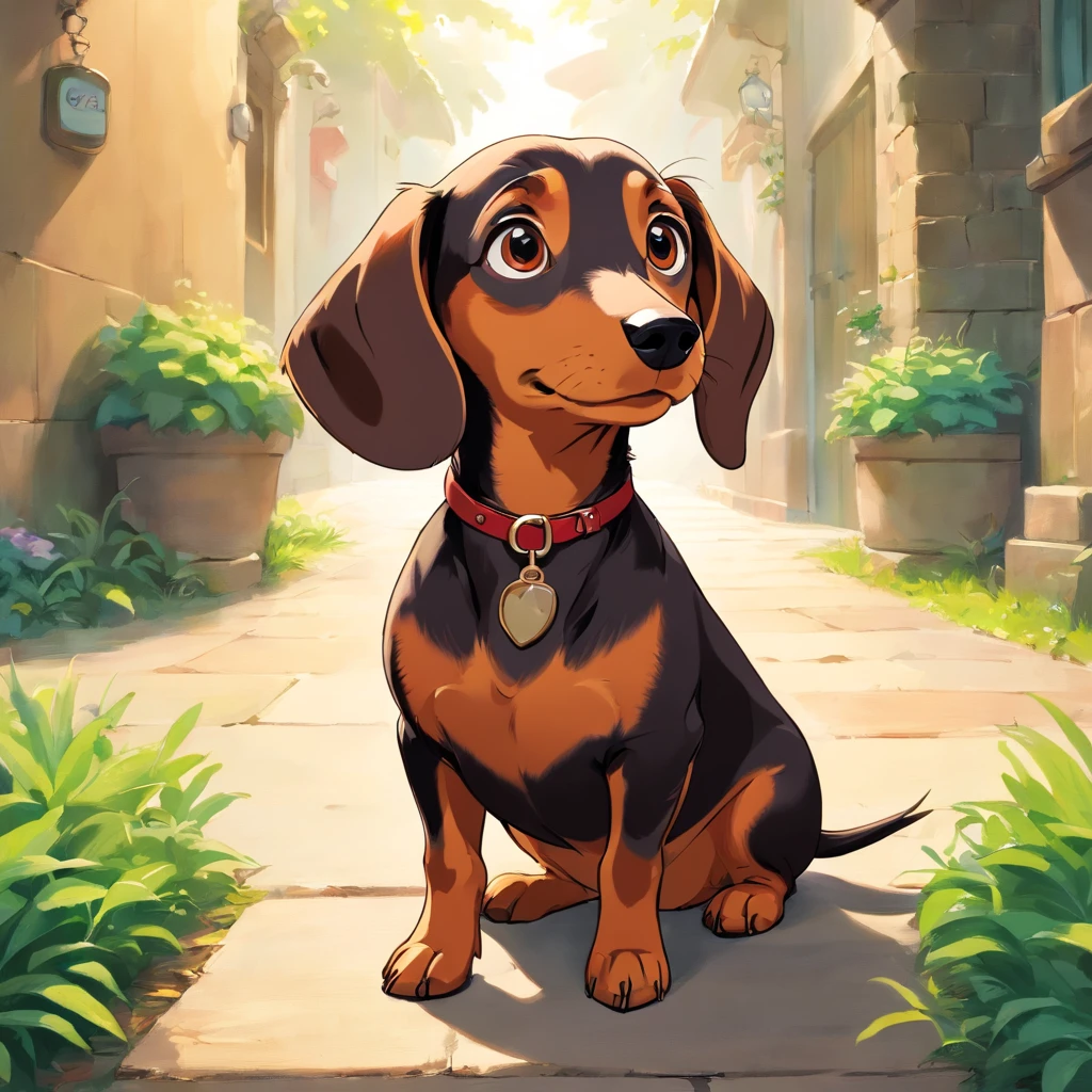 A Dachshund looking at the camera with a look of surprise and confusion, Looking with his head turned sideways, num lindo jardim com as pontas das patas brancas, pelos curtos e o nome Zaya em letras grandes