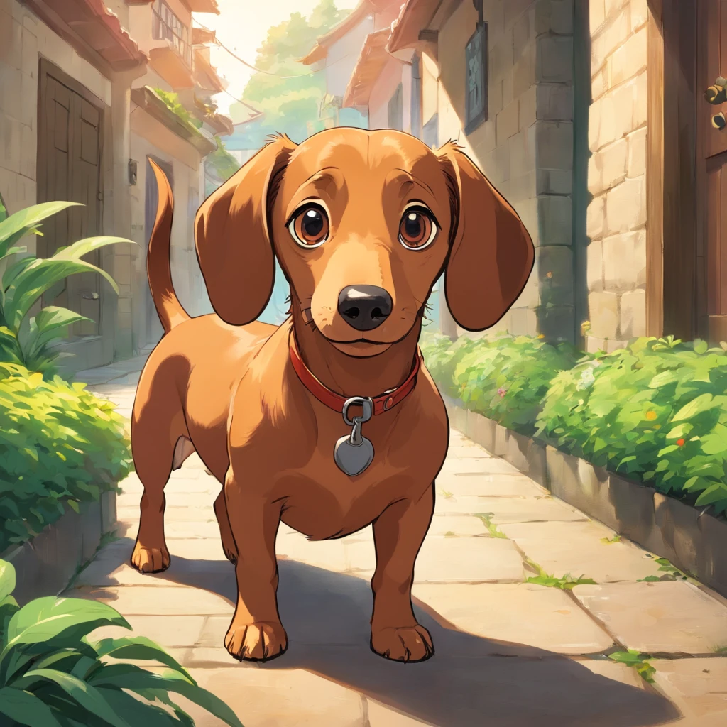 A Dachshund looking at the camera with a look of surprise and confusion, Looking with his head turned sideways, num lindo jardim com as pontas das patas brancas, pelos curtos e o nome Zaya em letras grandes