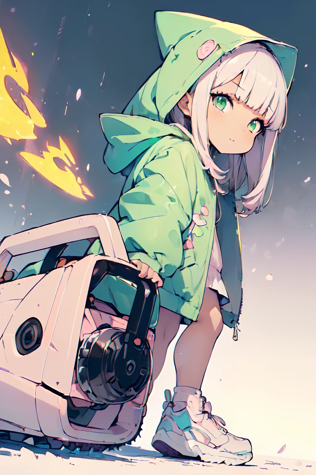(Cute illustration:1.5),(pastel color:1.5),(Cute,kawaii,Dolce:1.2),(watercolor paiting:1.1),
1girl in,Solo,
oversized hooded jacket,
Full body,（(open stance)）,
BREAK
(A chainsaw that glows furiously:1.5)
(In his hand he holds a huge chainsaw:1.2),
(Huge and cute weapons , Huge and cute weapons:1.3),(Low Angle Full Body Shot:1.５),masutepiece, Best Quality, ultra-detailliert, 4K, absurderes, hight resolution,(((masutepiece, Best Quality)))((masutepiece:1.5)), (Best High Quality, 超A high resolution, The ultra -The high-definition, 4K:1.3),((Perfect hands, Perfect fingers, Perfect legs)),1womanl, Looking at Viewer ,Full body shot,((Round eyes)), Sweat, White skin, (((skinny))), Sweat,((Shiny body, Shiny skin,)), (((masutepiece, Best Quality)))((masutepiece:1.5)), (Best High Quality, 超A high resolution, The ultra -The high-definition, 4K:1.3), (((Blunt bangs:1.3))),((White skin)),((((Shiny body, Shiny skin,)))), Dynamic Pose , 

break
Simple background,Grey background
Bold outline,Flat color,fine outline,Pink outline,
nice hand, Perfect hands,Hold the chain perfectly、A chainsaw that glows furiously