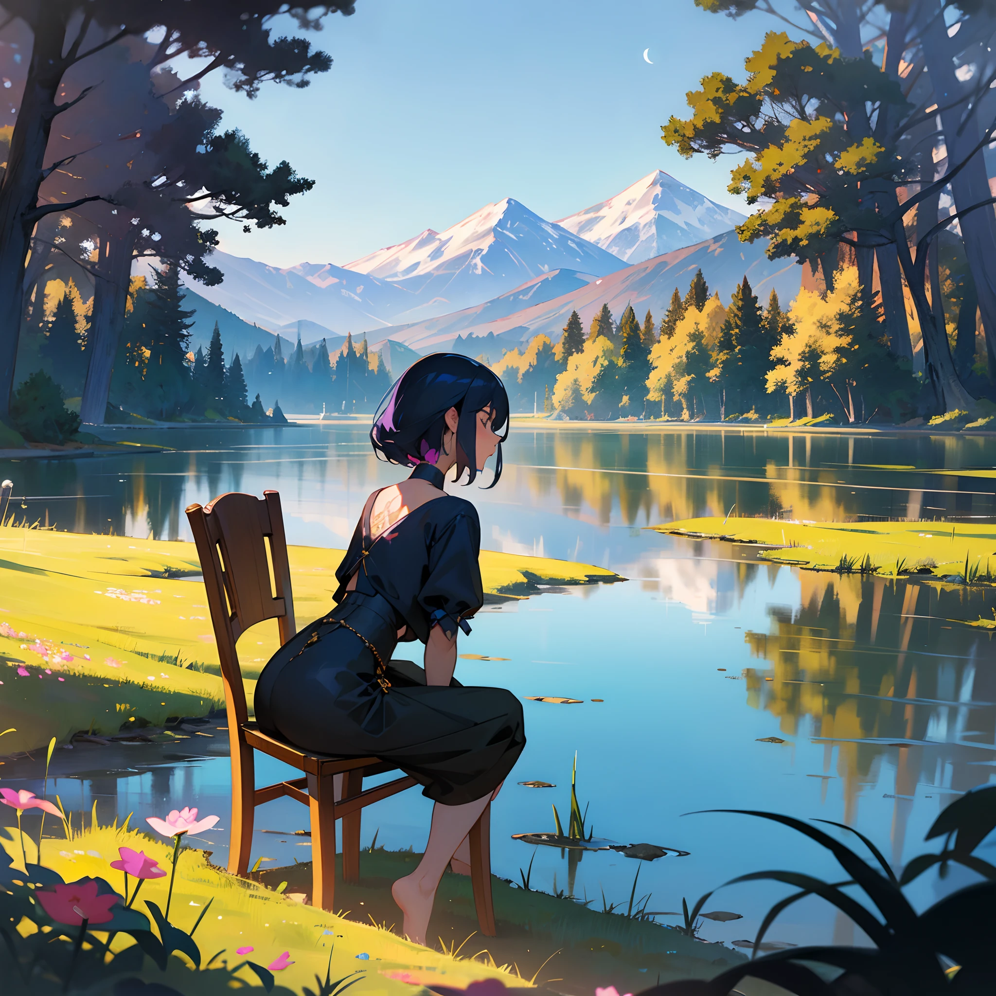 A realistic artistic painting depicting a woman sitting on a chair in a beautiful and amazing place. Her hair is short and tends to be a mauve color, and she wears clothes that are close to the color of her hair. The place should be surrounded by natural beauty, such as a green garden with colorful trees and flowers. There could be a view of a wonderful landscape, such as a quiet lake or mountains in the background. The sun is shining brightly, illuminating the place beautifully, and in addition, the moon can be seen in the sky. The woman shows off a beautiful and distinctive tattoo on her back, which adds a unique touch to her personality and to the scene in general. Her silence can be a combination of colors and shapes that reflect her personality and make her more attractive and mysterious.”