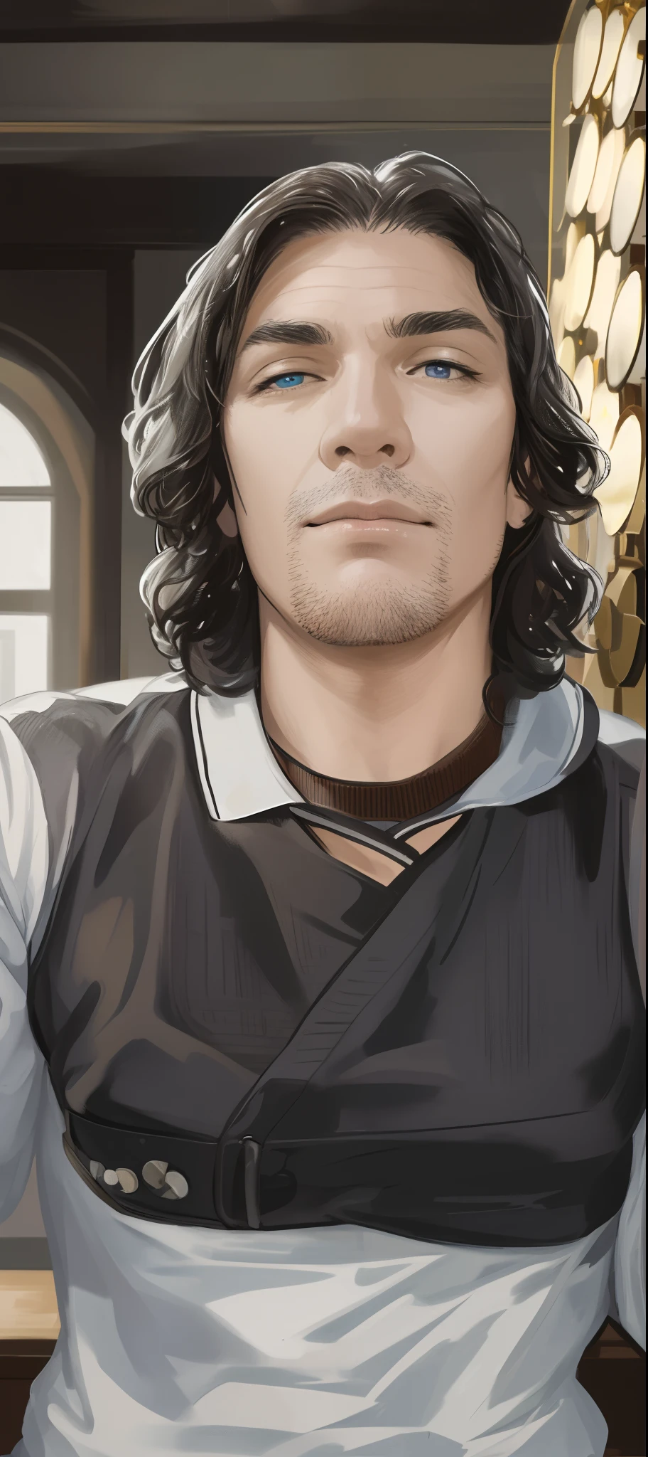 (best quality,realistic,portrait),mature, handsome man, focused on masculine, tall and muscular, beautiful detailed eyes, extremely detailed face, graying hair, short hair, thick eyebrows