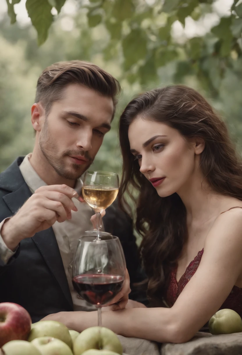 homem e mulher se beijando pelados e deitados, With a bitten apple on the set, A snake in the scenery, and two glasses of wine.