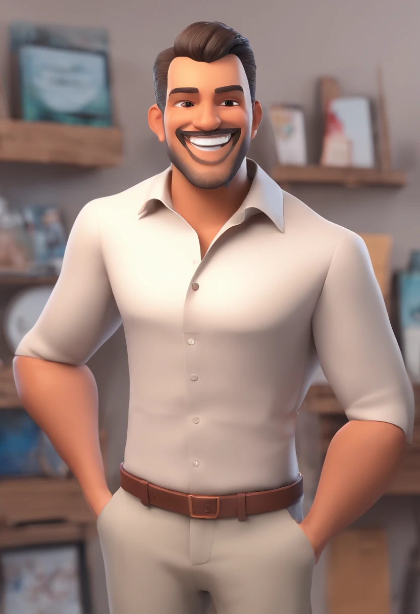 Smiling Man Illustration, sorriso insano, Homem de pele marrom com um sorriso gigante, happily smiling at the camera, sorriso atrevido, he's smiling, sorriso muito grande, Macho sorridente, foto de perfil headshot, rindo sorriso enorme, desenhando no estilo de Arte 3D, c4d, fundo de cor branco puro, estilo disney, estilo pixar render ilustracao Super Detalhe, 8k