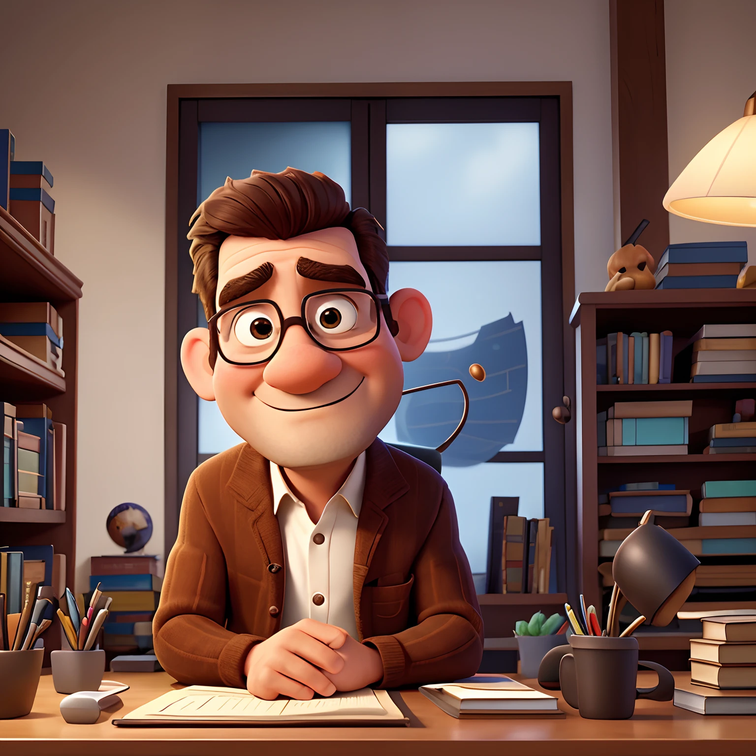 inspirado na Disney Pixar, Inspirado pelo pastor ( Rubens Janeiro ) A brown-haired man in an office with a book on the table looking to the serious future, old man, de 30 anos, um terno