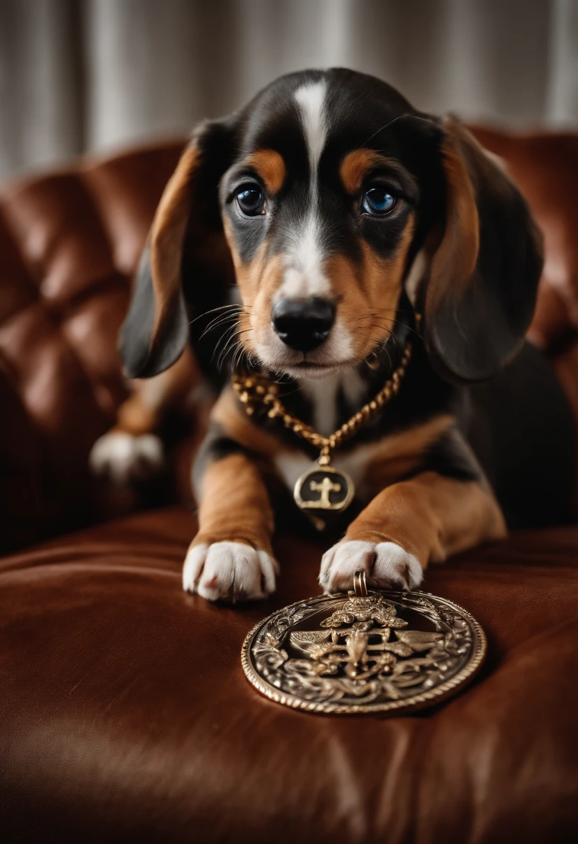 Daschound puppy on top of sofa with chain and bone medal