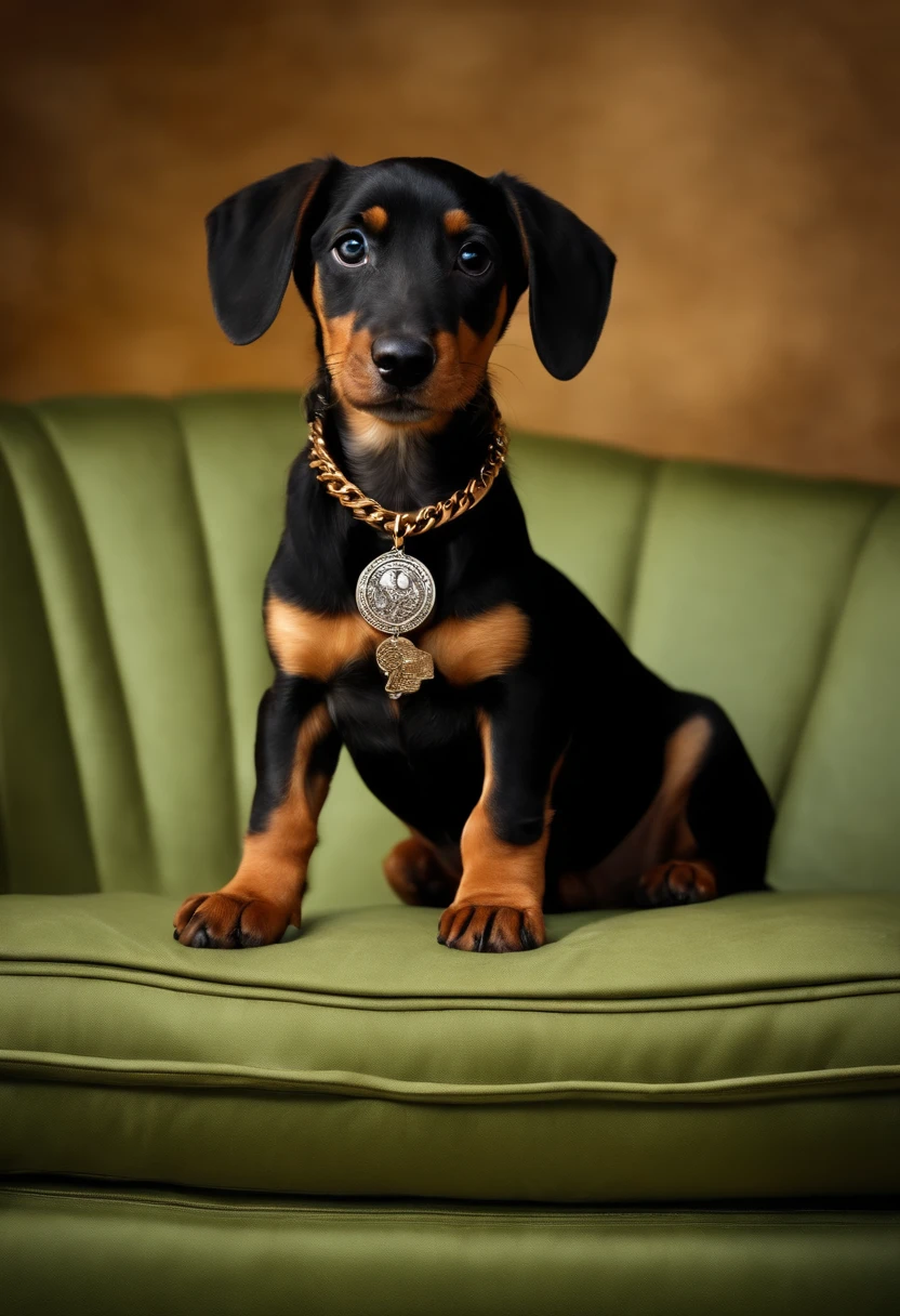 Daschound puppy on top of sofa with chain and bone medal