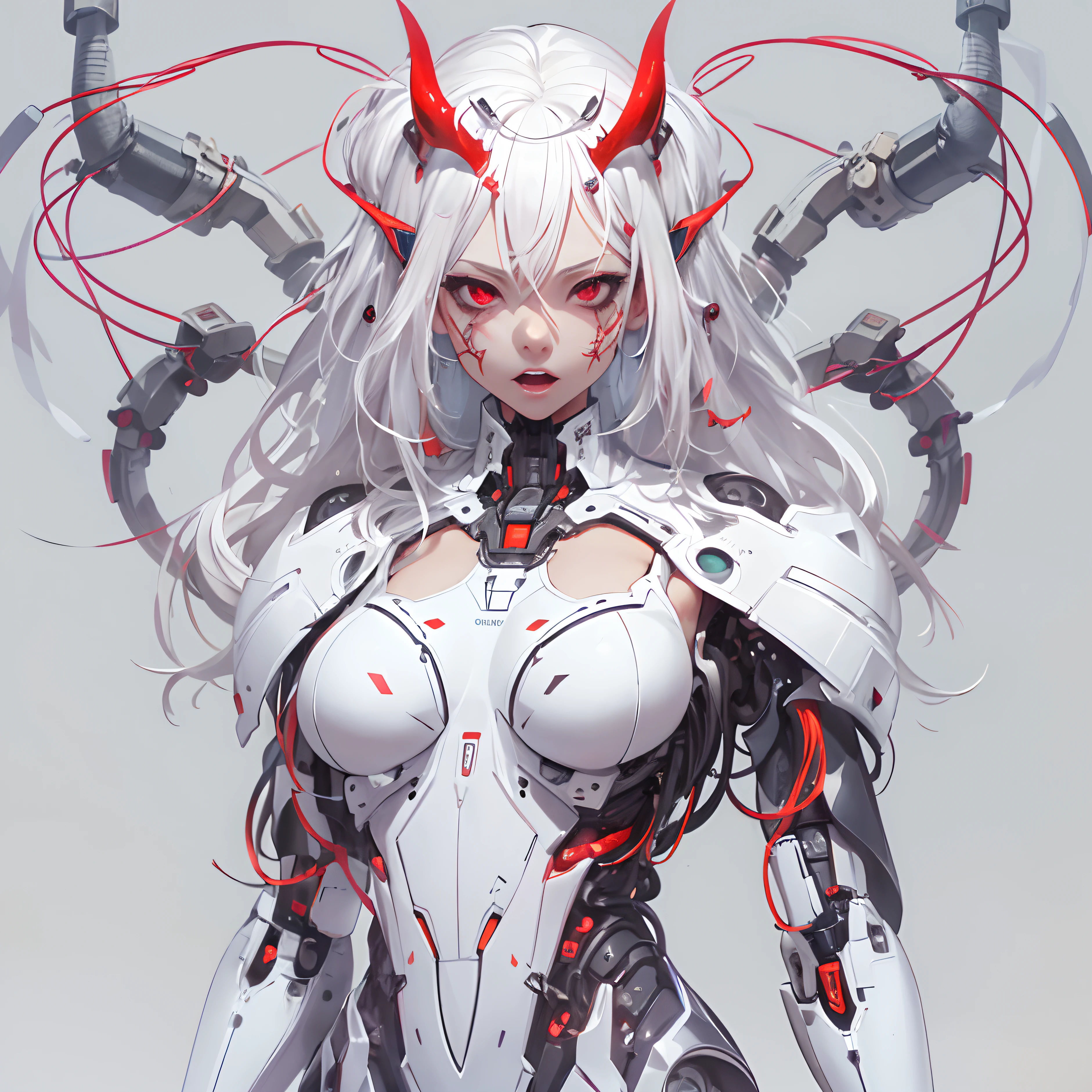 ((Masterpiece, Highest quality)), Detailed face, full bodyesbian, Full of details,and expressions, Highly detailed, Depth, Many parts,albino, white hair, red eyes, robot, cyber, wires, devil wings, devil horns,big boobs