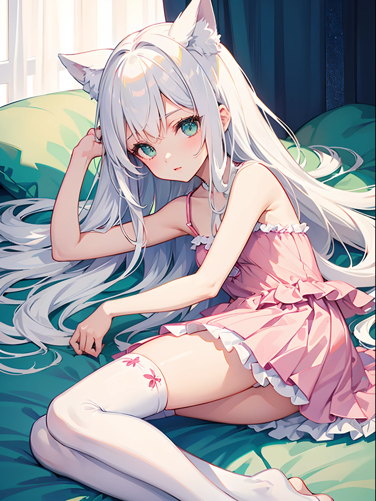 1 girl, pretty, white colored hair, Girl lying on the bed, loli, white stockings, beatiful face, Pink Dress, handsome body, pretty, Petite, Green eyes